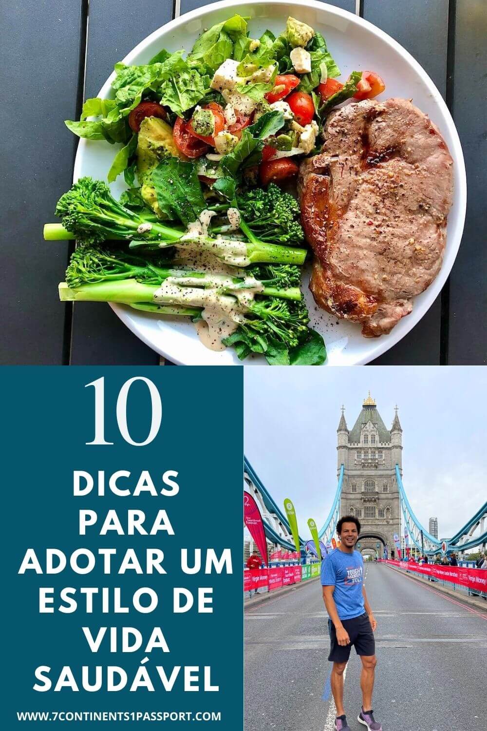 Um prato branco com um pedaço de carne com brócolis, tomates, abacate, queijo de cabra e alface e Péricles Rosa vestindo uma camiseta azul e shorts pretos correndo na Tower Bridge, Londres