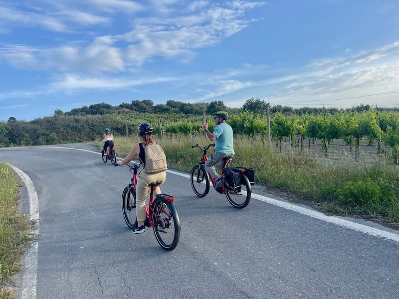 Three people biking along vineyards in the countryside of Crete, Greece