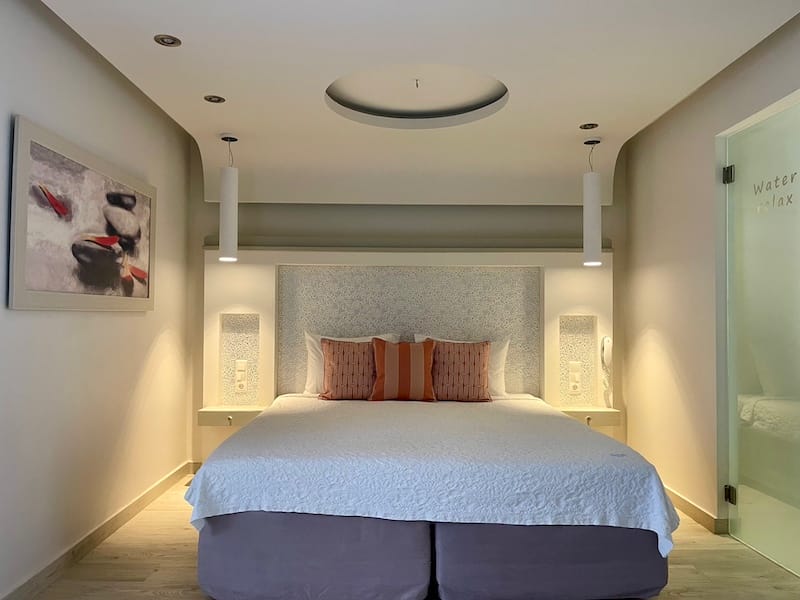 A double bed room at Kouros Art Hotel, Naxos, Greece