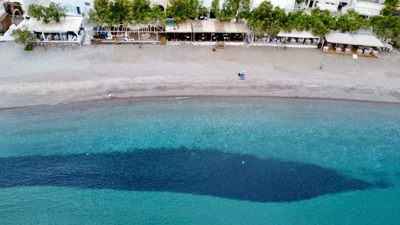 Aerial view over Livadi Beach, Astypalea, Greece