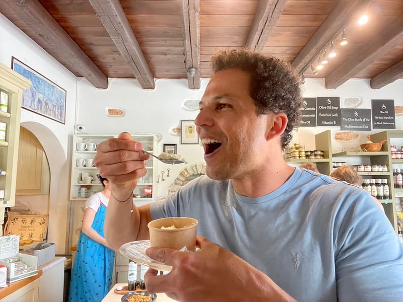 Pericles Rosa tasting an olive oil ice cream at Eggares Olive Oil Museum, Naxos, Grrece