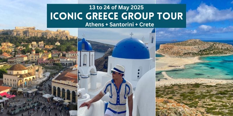 a banner with a picture of  Athens, another with a man wearing blue and white outfit in Santorini with a blue-domed church in the background and another of Balos Beach in Crete, Greece