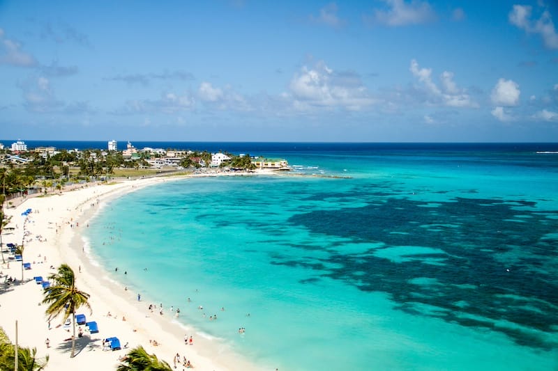 Aerial view over San Andres Island bay, Johnny Cay, Colombia